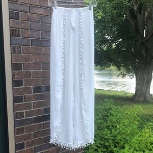 White Pom-Pom Trim Open-leg Pants